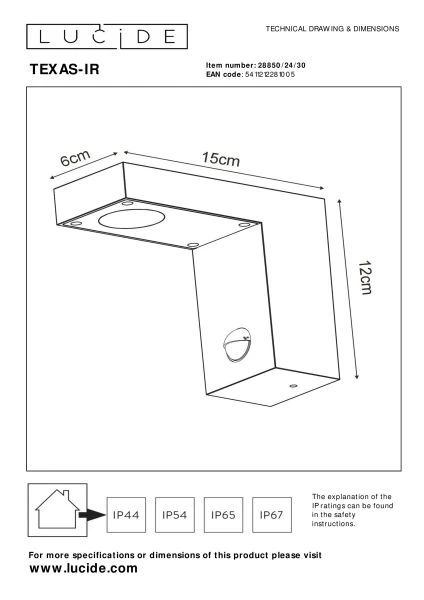 Lucide TEXAS-IR - Wall spotlight / Wall light Indoor/Outdoor - LED - 1x7W 3000K - IP54 - Motion Sensor - Anthracite - technical